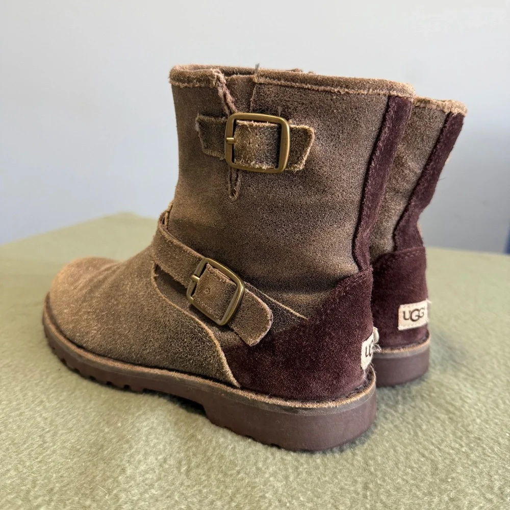 UGG K Harwell Bomber Boots Kids Brown Teak Leather Wool‎ Lining Size 3